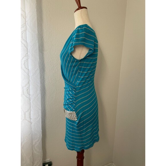 Vintage Deb Y2K Bodycon Dress Size Large Drop Waist Blue Striped Wrap Belted - Picture 3 of 9